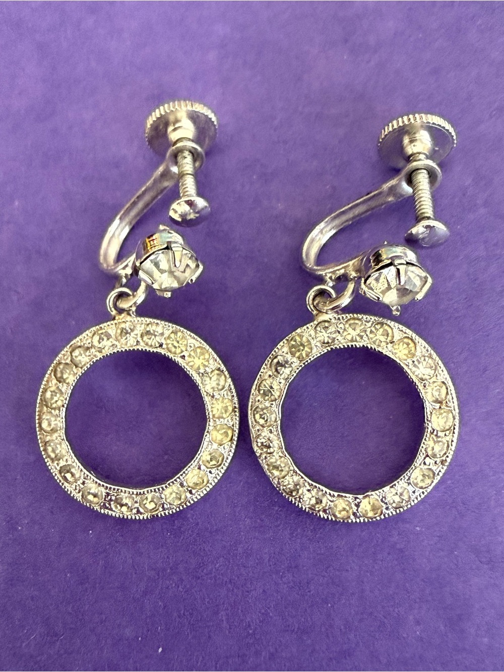 Silver-Tone Crystal Hoop vintage Screw-Back Earrings